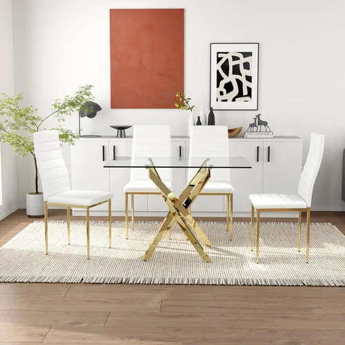 Miniatura 2 de Mesa de comedor de vidrio dorado templado de 47.2 pulgadas para 4 personas, mesa de cocina rectangular de vidrio con patas cromadas, mesa de comedor