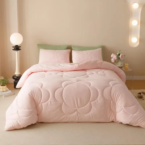 Cottonight - Juego de edredón con girasoles rosas, juego de ropa de cama floral rosado para mujeres y niñas, estilo bohemio y granja chic, manta y