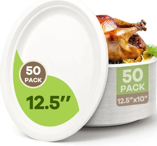 Miniatura 9 de Platos de Papel Ovalados Desechables, Paquete de 100 de 12.5 pulgadas Biodegradables Grandes, Bandejas de Bagazo Compostables de Servicio Pesado