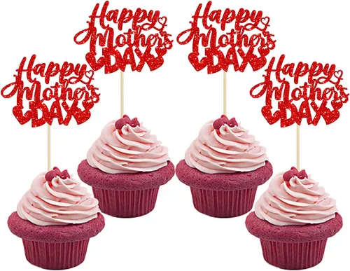 Miniatura 35 de Gyufise 1 pieza de decoración de pastel para el Día de la Madre con purpurina de corazón Love You Mom Cake Pick Rose Flower Best Mom Cupcake Decor