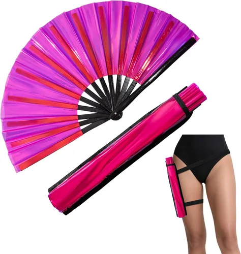 Miniatura 12 de Hasina Ventilador de mano plegable grande con purpurina, ventilador de mano plegable de bambú para hombres y mujeres, diseño brillante para fiestas