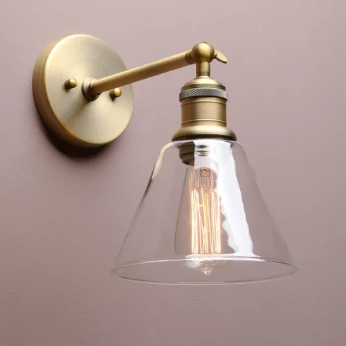 Miniatura 8 de Yosoan Lámpara de pared para interiores, 1 luz moderna de latón antiguo vintage, cableado industrial con embudo acampanado de vidrio transparente