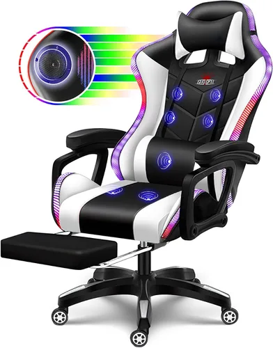 Miniatura 10 de Silla ergonómica para juegos profesional con luces LED y altavoces, silla de videojuegos con masaje y reposapiés, silla de computadora de respaldo