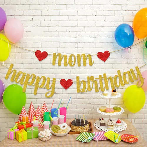 Miniatura 4 de Cartel de feliz cumpleaños con texto en inglés "Mom Happy Birthday", decoraciones para fiesta de cumpleaños de las mujeres, suministros de fiesta