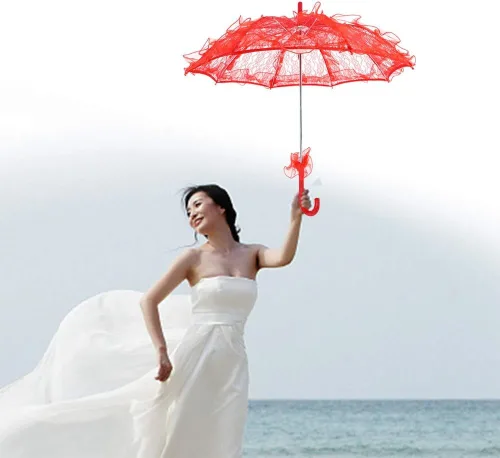 Miniatura 3 de Fdit Paraguas de algodón con encaje nupcial para bodas fiestas bailar fotografía accesorio rojo