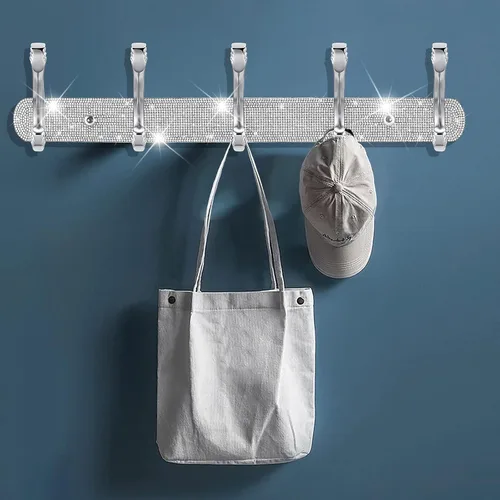 Miniatura 2 de BlackFish Soporte para Perchero de Montaje, Diamantes de Imitación Plateados Brillantes Montado en la Pared 5 Ganchos, Ganchos para Llaves