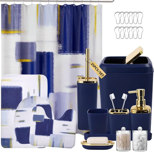 Miniatura 12 de XLHOMO Juego de baño – Juego de accesorios de baño negro, juegos de baño con cortina de ducha y alfombras, juego de cortina de ducha negra