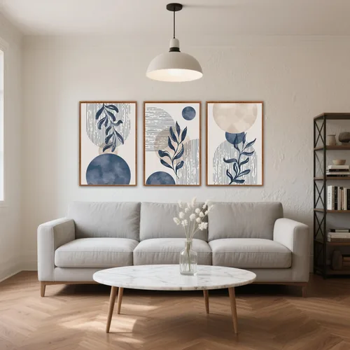 Miniatura 7 de KAIRNE Juego de Arte de Pared de Plantas Boho de 3 Piezas, Lienzo Enmarcado Bohemio Azul, Pintura de Pared de Líneas Geométricas Abstractas, Arte