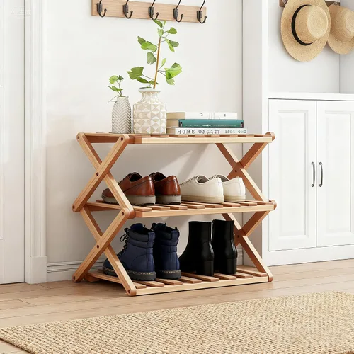 Miniatura 2 de Zapatero de bambú de 3 niveles, organizador plegable de almacenamiento de zapatos para armario, dormitorio, entrada y sala de estar, diseño portátil