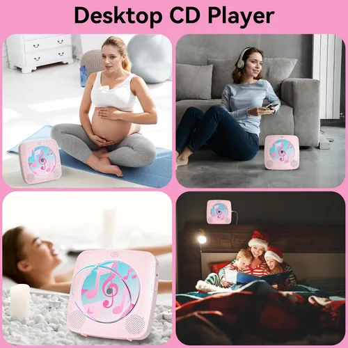 Miniatura 9 de Reproductor de CD portátil Bluetooth recargable: reproductores de CD para el hogar Kegaudio 1800mAh reproductor de CD de pared de escritorio con Rosa