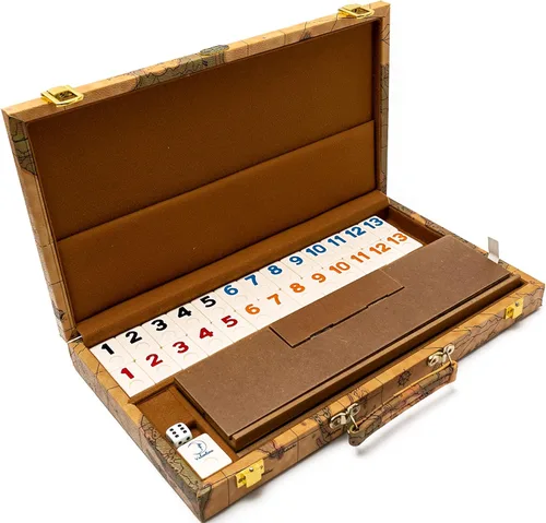 United Nations of New York, Deluxe Rummy Set con números grabados de gran tamaño y estantes de madera en una caja de mapa de estilo vintage