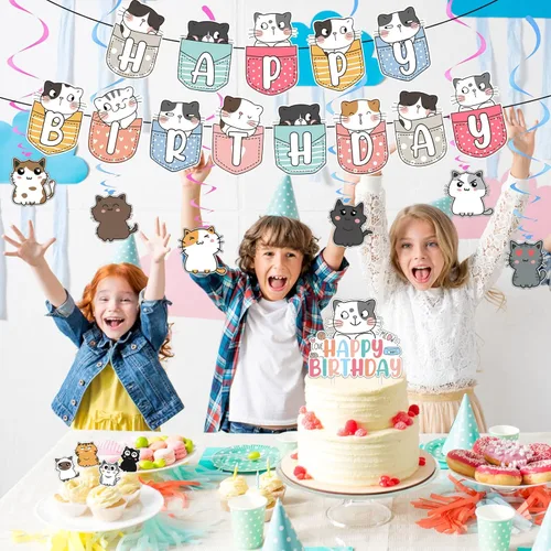 Miniatura 5 de Zhanmai 106 piezas de suministros de fiesta de cumpleaños con temática de gato, incluyen una bonita pancarta de feliz cumpleaños, remolinos