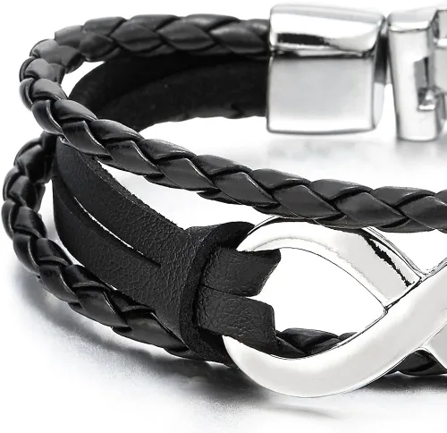 Miniatura 3 de COOLSTEELANDBEYOND Infinity Love Number 8 - Pulsera de cuero para hombres y mujeres, pulsera de tres filas