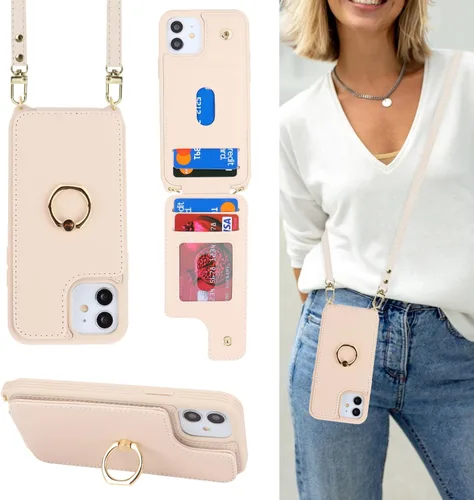 Miniatura 18 de Lipvina Funda para iPhone 13 con tarjetero y correa, cordón cruzado para mujer, bloqueo RFID, soporte de anillo, cierre a presión, bloqueo RFID