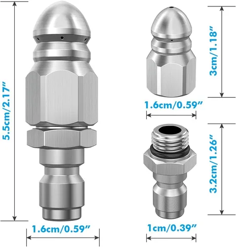 Miniatura 6 de Boquilla de chorro de alcantarillado, cabezal de boquilla de chorro de alcantarillado de acero inoxidable, conector rápido de 1/4", boquilla