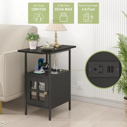 Miniatura 5 de Mesa Auxiliar Estrecha Estilo Granja con Estación de Carga - Mesa Lateral de 3 Niveles con USB y Enchufes, Mesa de Noche Compacta de Almacenamiento