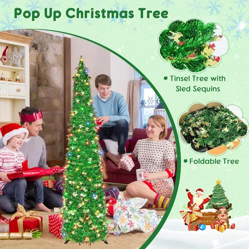 Miniatura 2 de Árbol de Navidad desplegable de 5 pies con 90 luces LED, árbol de Navidad plegable con trineo de lentejuelas y oropel delgado tipo lápiz
