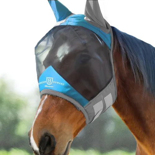 Miniatura 16 de Harrison Howard Máscara de mosca de caballo luminosa profesional estándar con orejas, protección UV, para caballos, azul y plateado, mazorca mediana