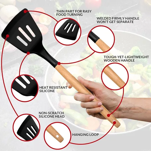 Miniatura 4 de E-far - Juego de 12 utensilios de cocina de silicona con soporte, antiadherentes y resistentes al calor, incluye espátula, pinzas, cucharón, Negro