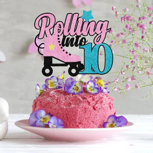 Miniatura 4 de Decoración para tartas de 10 años con diseño de patín de 10 años, decoración de pastel de 10 años de edad, retro, para niñas, club, hip hop, fiesta