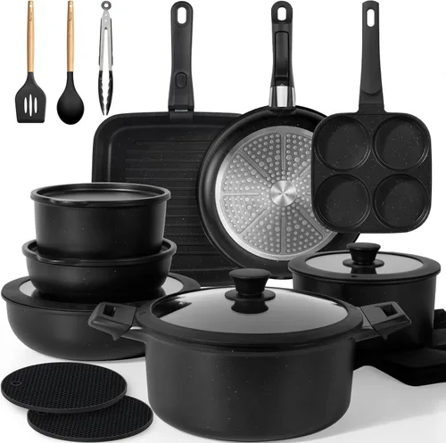 Miniatura 12 de KIKCOIN Juego de 20 Piezas de Ollas y Sartenes Antiadherentes, Juegos de Utensilios de Cocina Antiadherentes con Mango Desmontable, No Tóxico, Juego