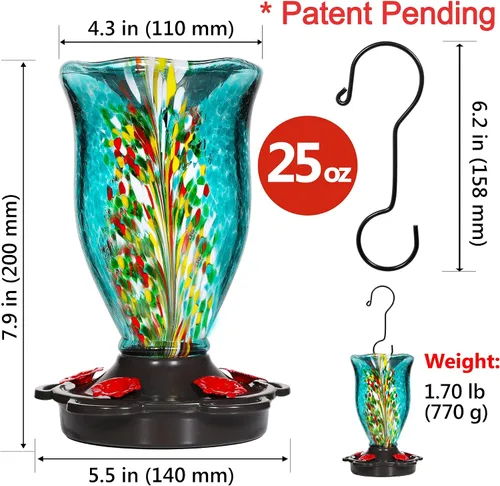 Miniatura 6 de LUJII Comederos para colibríes para exteriores con protector de hormigas, comedero de colibríes de vidrio soplado para colgar en el exterior, 25
