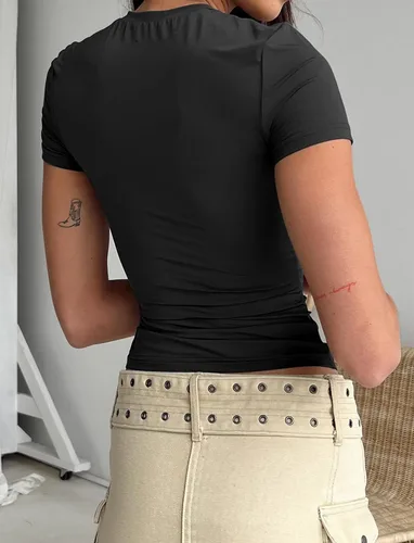Miniatura 3 de PGANDS Camiseta corta de manga corta de verano para mujer, cuello redondo, básica, lisa, Y2K, ajustada