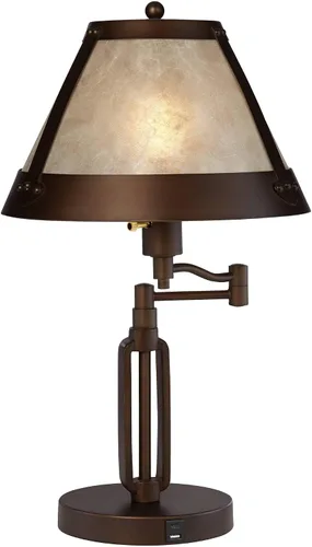 Miniatura 2 de Franklin Iron Works Samuel - Lámpara de mesa rústica con brazo oscilante de 21 1/4 pulgadas de alto con puertos USB, carga A+C, pantalla de mica