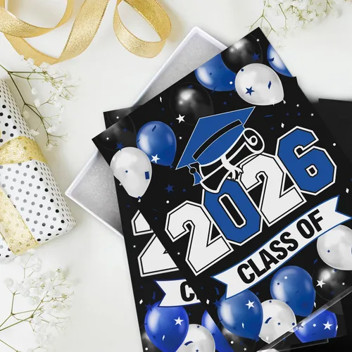 Miniatura 4 de LINGTEER Class of 2026 - Soporte de mesa acrílico con globos azules de graduación para póster, paquete de 2 decoraciones de fiesta de felicitaciones