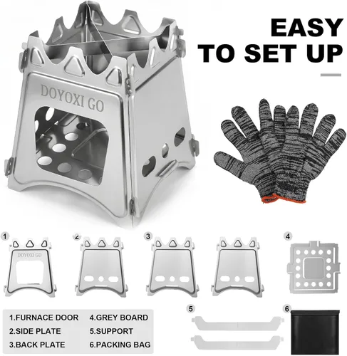 Miniatura 4 de Estufa de leña portátil para camping, de acero inoxidable, ligera, de arranque rápido, con bolsa de transporte para cocinar al aire libre