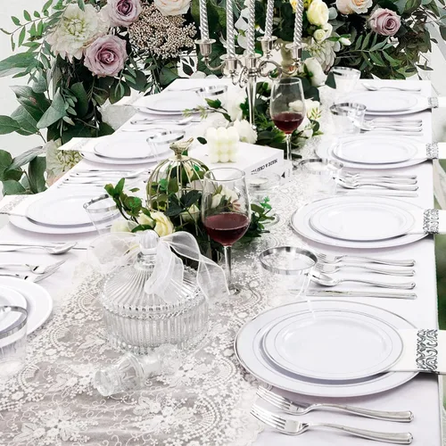 Miniatura 7 de BUCLA 350 platos de plástico plateado con cubiertos y servilletas de plástico desechables. Vajilla de plástico con borde plateado que incluye 50