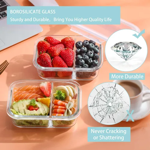 Miniatura 5 de Bayco - Paquete de 10 contenedores de vidrio para comidas preparadas de 2 compartimentos, contenedores de vidrio para almacenamiento de alimentos