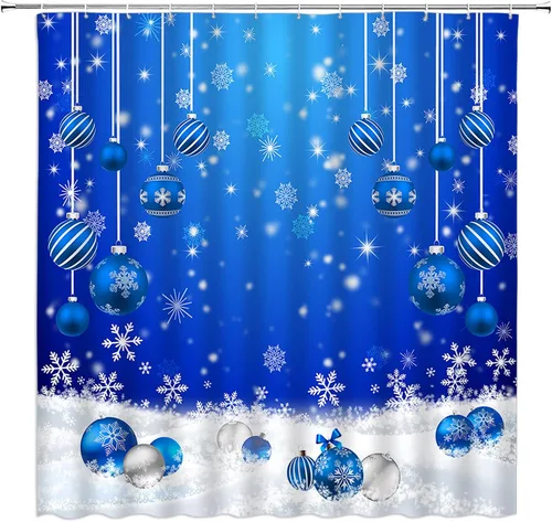Miniatura 14 de Juego de 4 cortinas de ducha de muñeco de nieve con alfombra, diseño de árbol de pinos de invierno, lindo muñeco de nieve azul, juego de baño