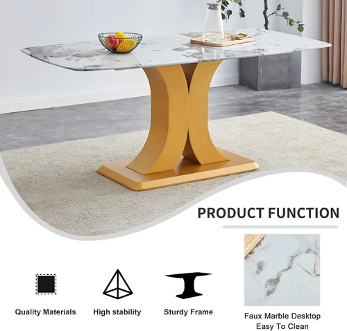 Miniatura 7 de A Modern Minimalist Dining Table. Imitation Marbled Glass Tabletop. Gold Table Legs for Kitchen and Living Room