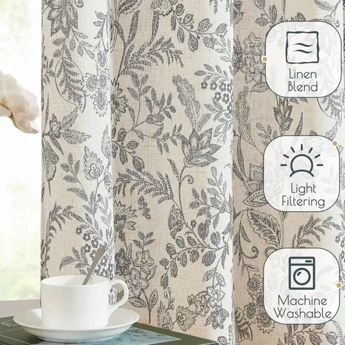 Miniatura 4 de JINCHAN Cortinas florales de lino para sala de estar, cortinas negras de estilo granja francesa de campo, cortinas de 63 pulgadas de largo, cortinas