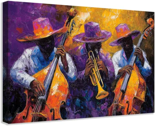 Miniatura 8 de SWQYLB Arte de pared con música afroamericana, pintura de banda de jazz, impresiones en lienzo abstractas negras con imágenes musicales para club