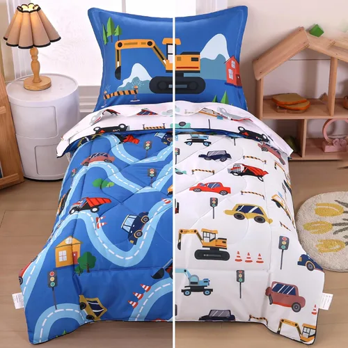 Miniatura 10 de Juegos de ropa de cama para niños pequeños con temática de autos de 4 piezas azules para niños, incluye juego de sábanas y edredón con temática