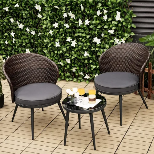 Miniatura 4 de Tangkula Juego de 3 piezas de ratán para patio, juego de conversación de mimbre para exteriores con 2 cojines de asiento, mesa de vidrio templado