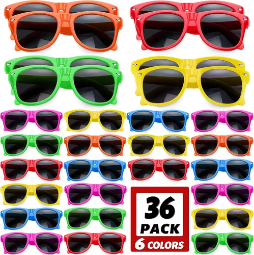 GINMIC Gafas de sol para niños a granel, paquete de 36 lentes de sol para niños, regalos de fiesta, lentes de sol neón para niños y niñas, gran