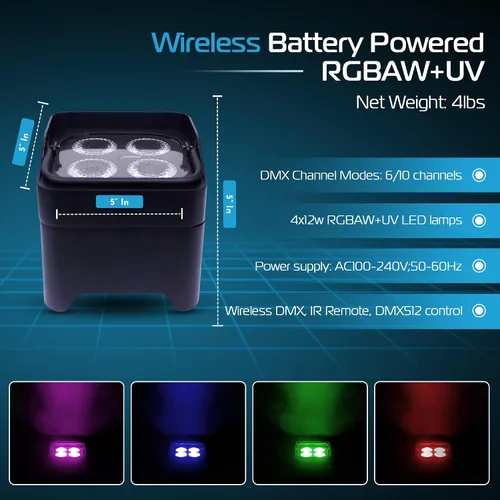 Miniatura 5 de ColorKey MobilePar Mini Hex 4 inalámbrico alimentado por batería RGBAW+UV Uplight DJ Light (CKW-6020B)
