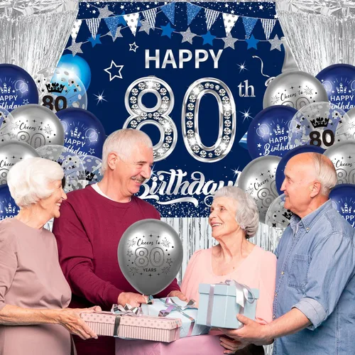 Miniatura 4 de Rumia Decoraciones de cumpleaños número 80, 131 piezas azul marino y plateado: pancarta, mantel, fondos de aluminio, globos, servilletas, vasos