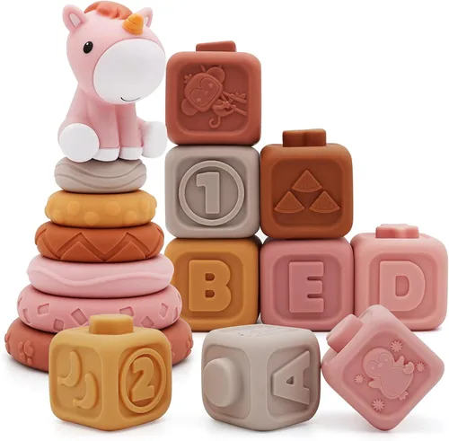 Nueplay Juguetes Apilables Suaves para Bebés Niñas, Set de 12 Piezas de Anillos Suaves y Bloques de Formas con Adorno de Unicornio — Juguetes