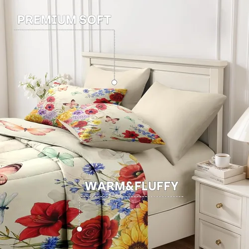 Miniatura 6 de Nesker Juego de edredón de primavera de 5 piezas, tamaño individual, juego de ropa de cama floral con mariposas para niños y adultos, juego