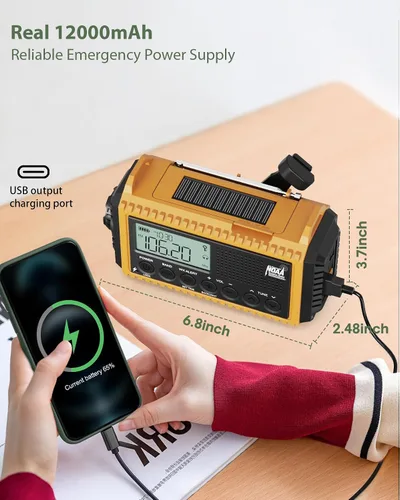 Miniatura 4 de Radio de emergencia, radio meteorológica NOAA con batería recargable de 12000 mAh, pantalla LCD, alerta automática, AM/FM/onda corta, SOS, puerto