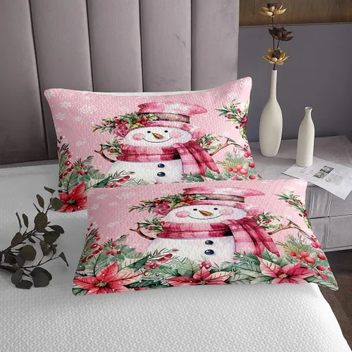 Miniatura 3 de Manfei Colcha de muñeco de nieve de Navidad, tamaño King, colcha acolchada con 2 fundas de almohada, juego de colcha rosa de Navidad de 3 piezas