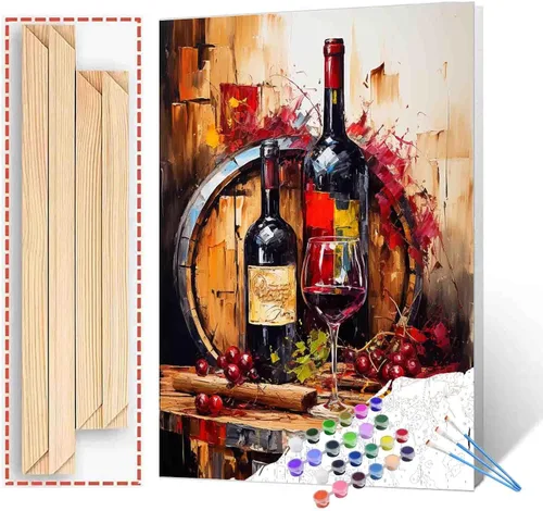 Pintura de barril de madera por números para adultos y niños, pintura de vino tinto y cereza por números sobre lienzo, botella de vino/vidrio, fácil