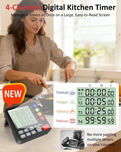 Miniatura 2 de Temporizador digital de cocina para cocinar, temporizador de cuenta regresiva de 4 canales con alarma fuerte y modo silencioso, pantalla grande