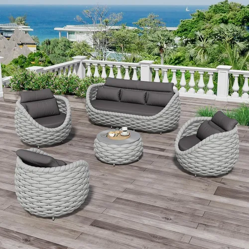 Miniatura 46 de Juego de muebles de patio de 4 piezas ensamblado, conjunto de sofá de conversación para exteriores de cuerda tejida a mano - Sofá de aluminio Cuerda