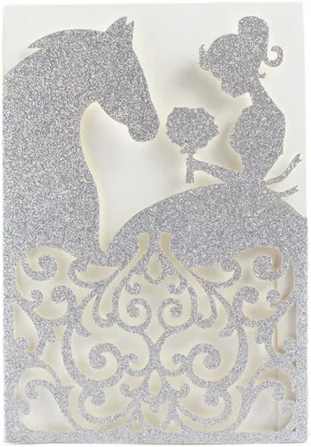 Miniatura 7 de MillaSaw Bolsillo de invitación para caballo con purpurina, soporte para invitación de quinceañera, tarjeta cortada con láser de oro rosa