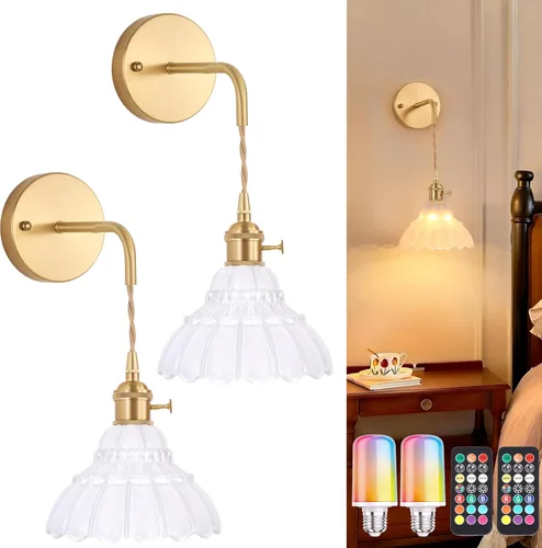 Miniatura 17 de Shenmoyl Aplique de Pared Vintage con Pantalla de Cristal con Patrón de Lirio de los Valles Verde, Cadena Ajustable, Luz de Pared Montada Retro